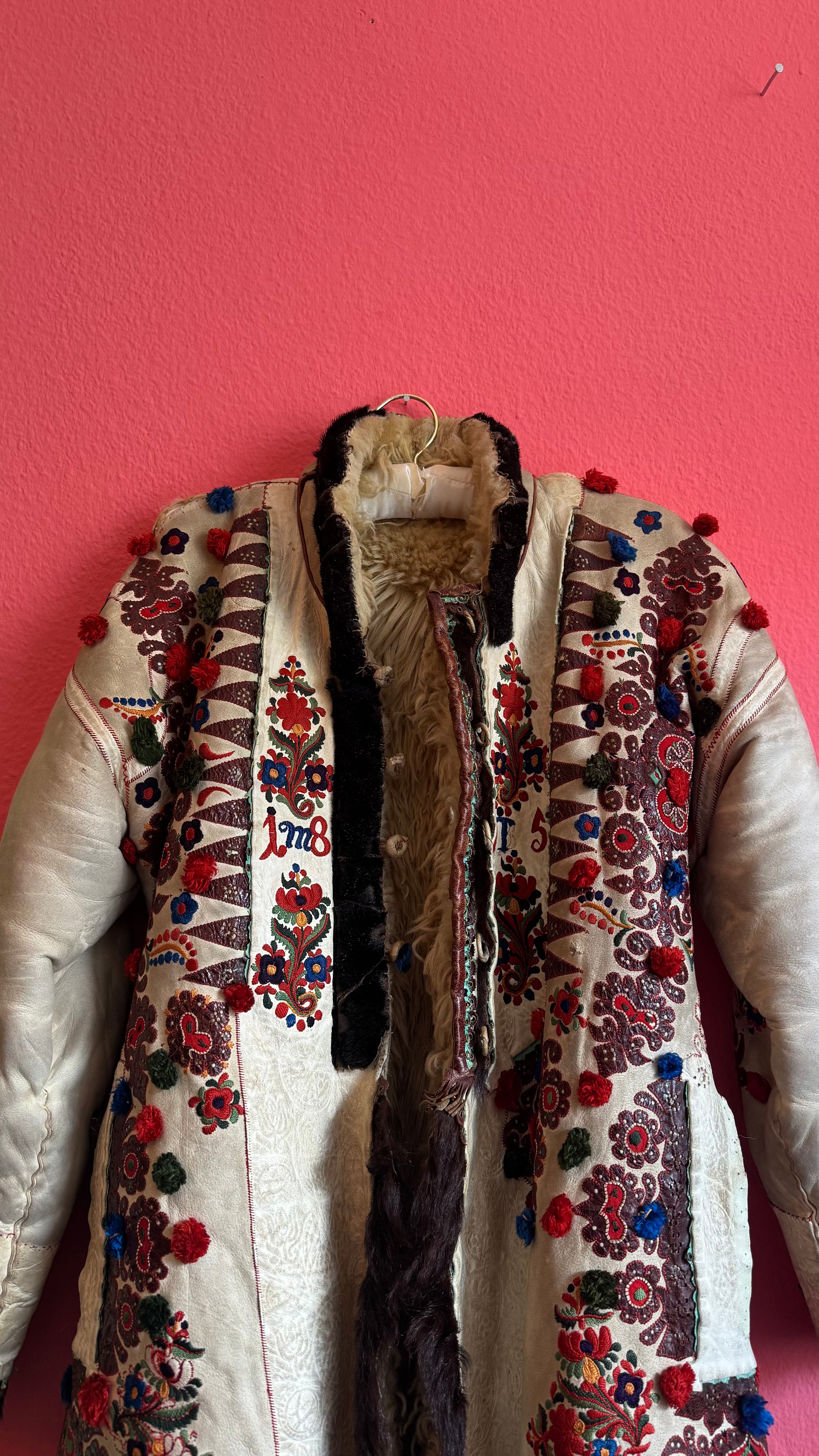Vintage Transylvanian Embroidered Folk Coat With 1895 Detail