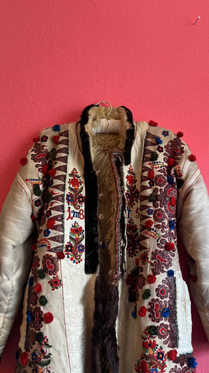 Vintage Transylvanian Embroidered Folk Coat With 1895 Detail