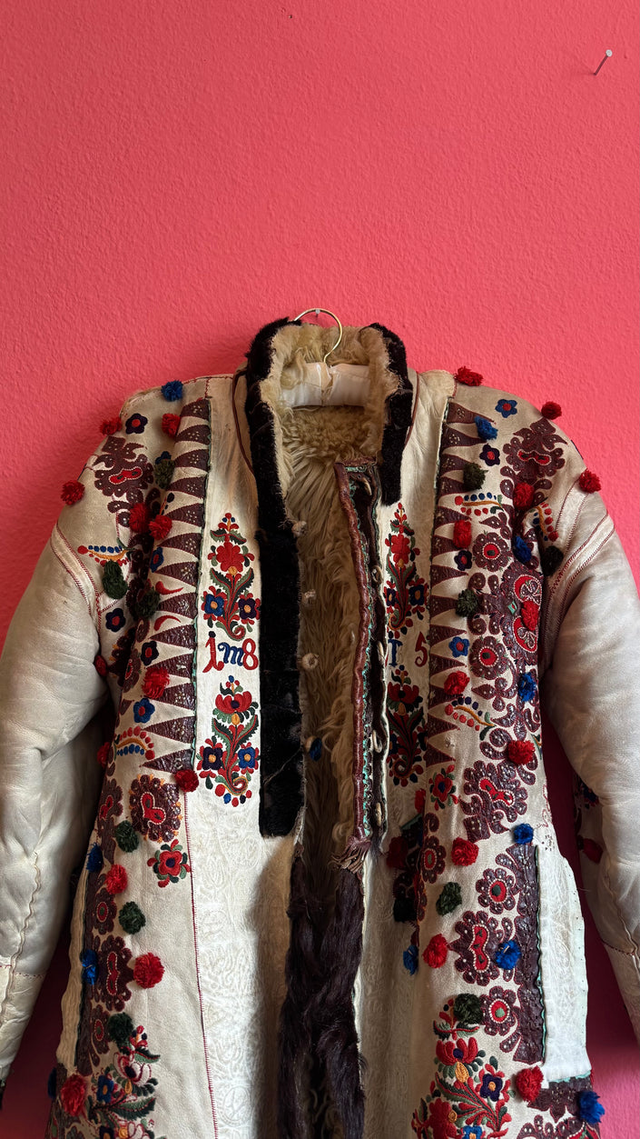 Vintage Transylvanian Embroidered Folk Coat With 1895 Detail