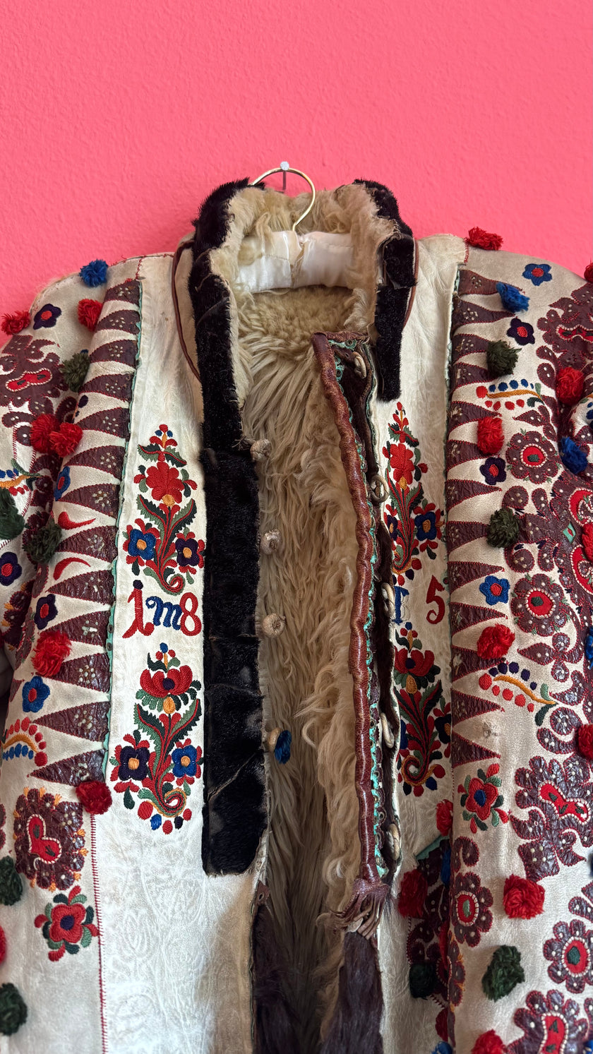 Vintage Transylvanian Embroidered Folk Coat With 1895 Detail