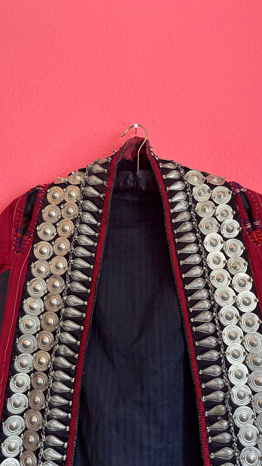 Vintage Antique Red Balkan Folk Vest With Metal Coin Details
