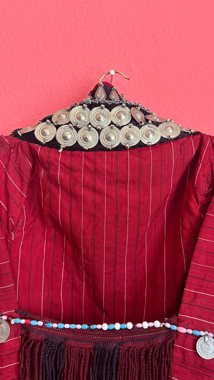 Vintage Antique Red Balkan Folk Vest With Metal Coin Details