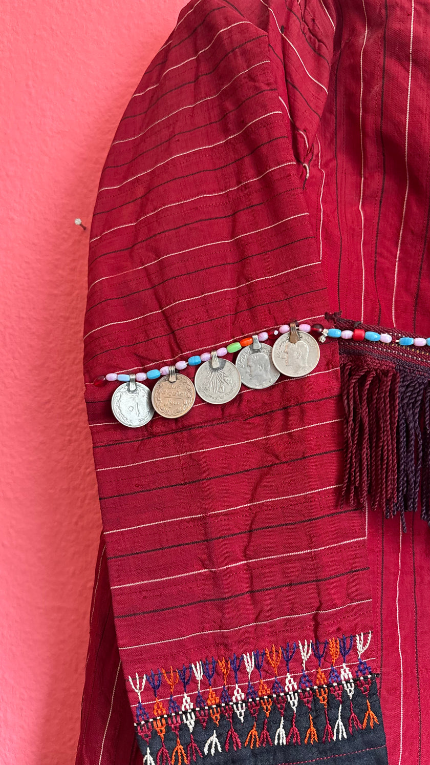 Vintage Antique Red Balkan Folk Vest With Metal Coin Details