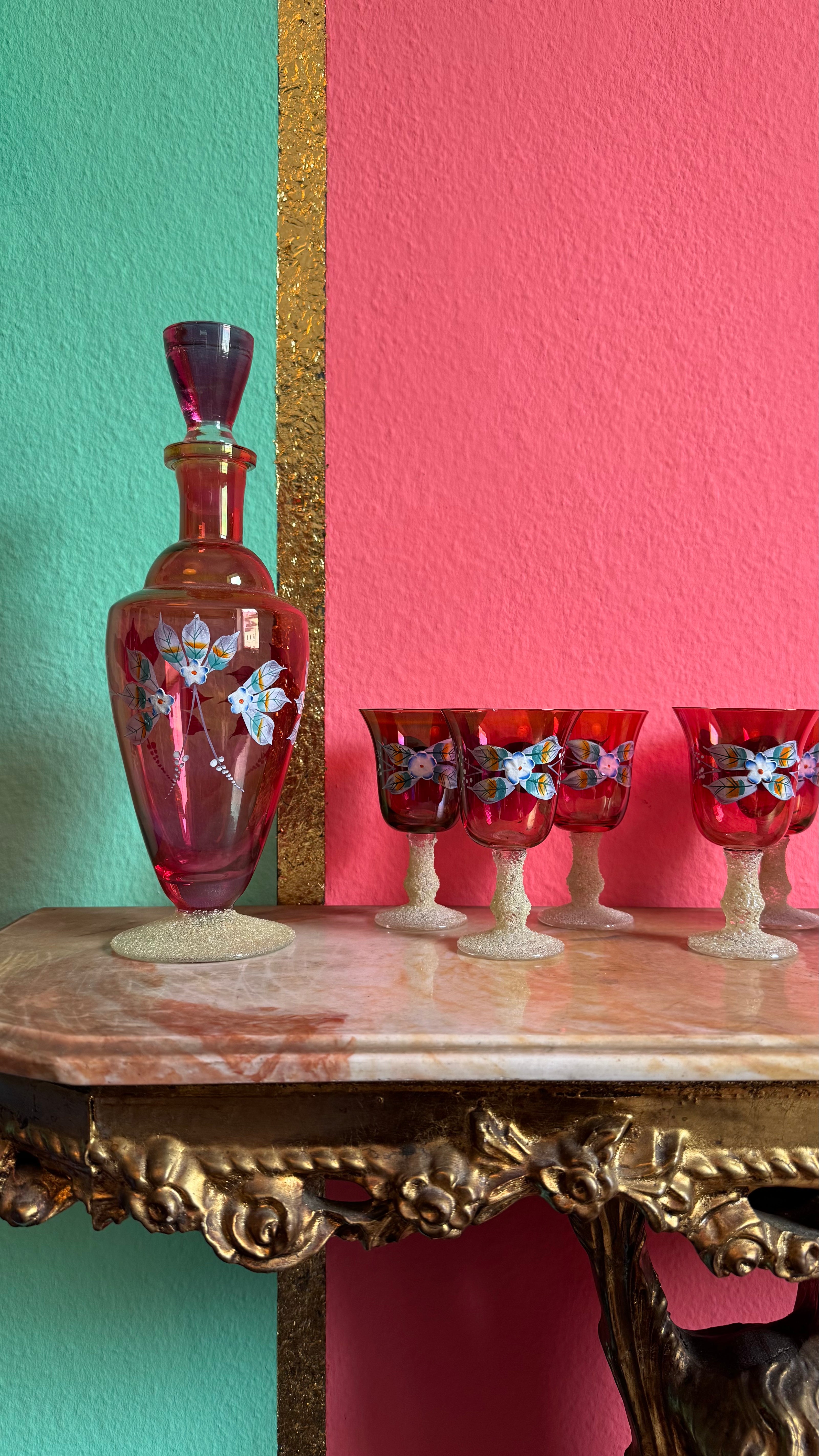 Vintage Mid-Century Ruby Red Hand-Painted Glass Decanter Set