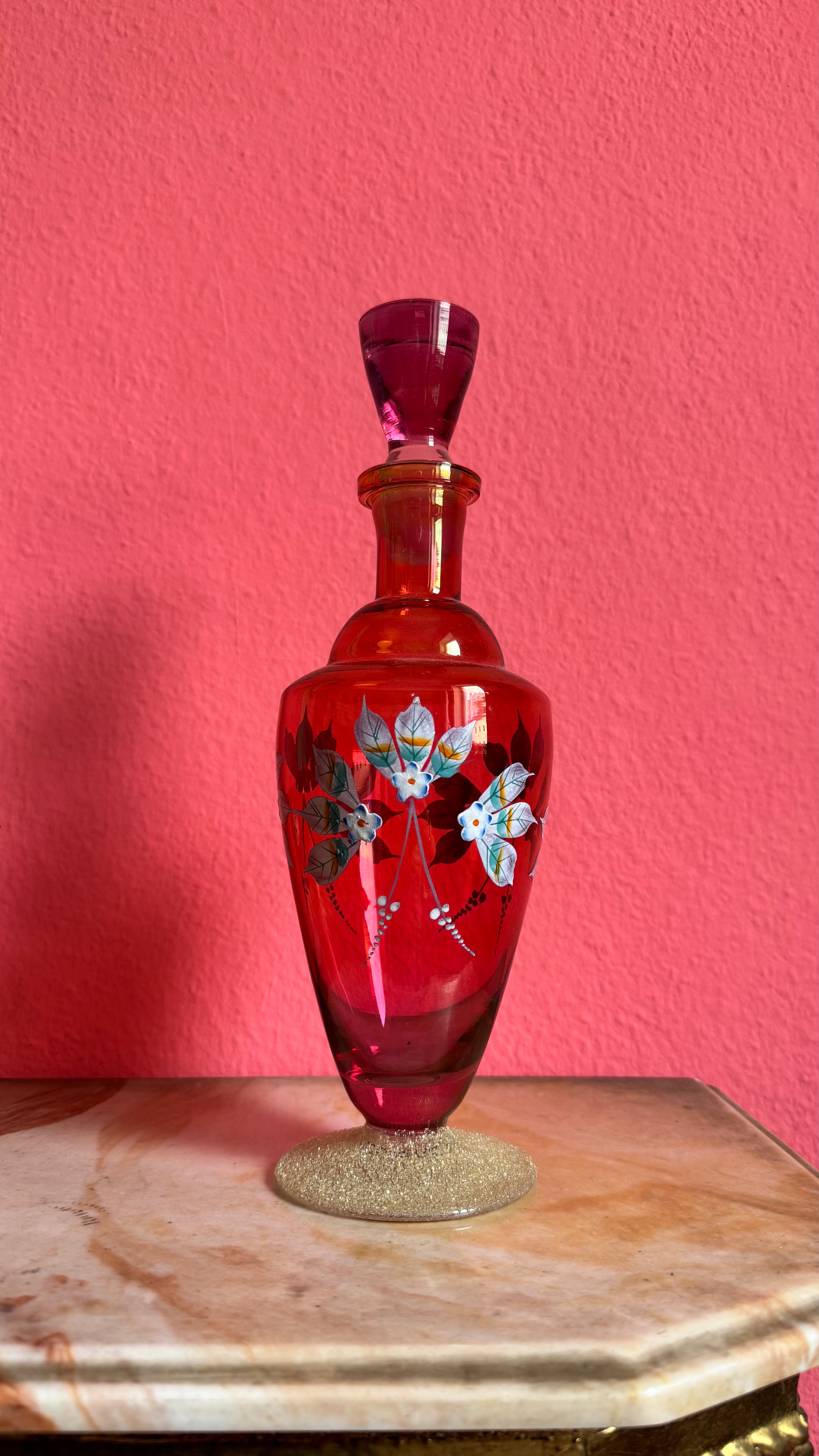 Vintage Mid-Century Ruby Red Hand-Painted Glass Decanter Set