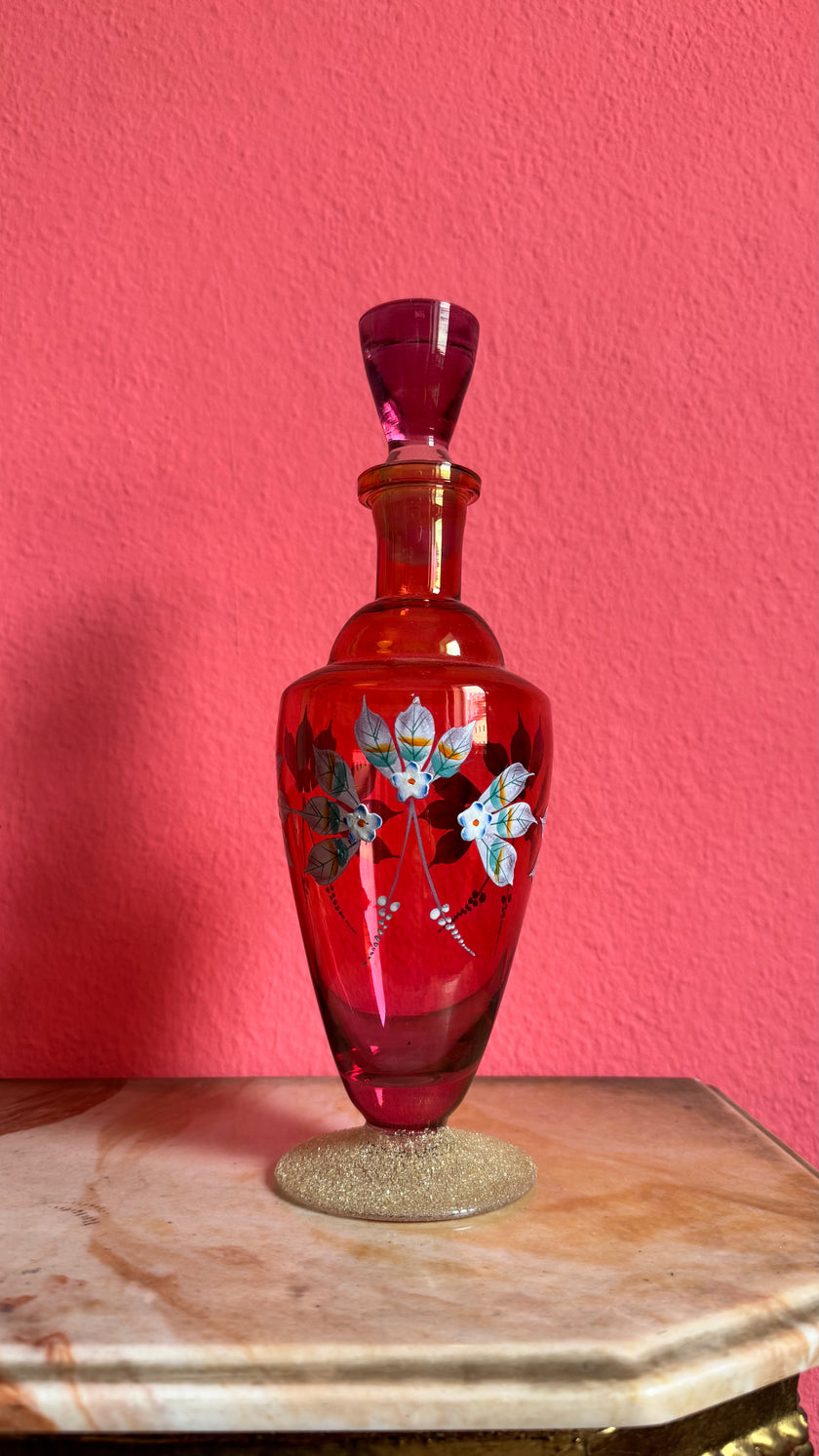 Vintage Mid-Century Ruby Red Hand-Painted Glass Decanter Set