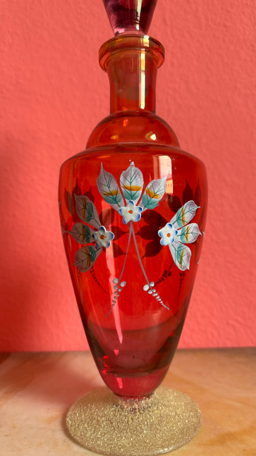 Vintage Mid-Century Ruby Red Hand-Painted Glass Decanter Set