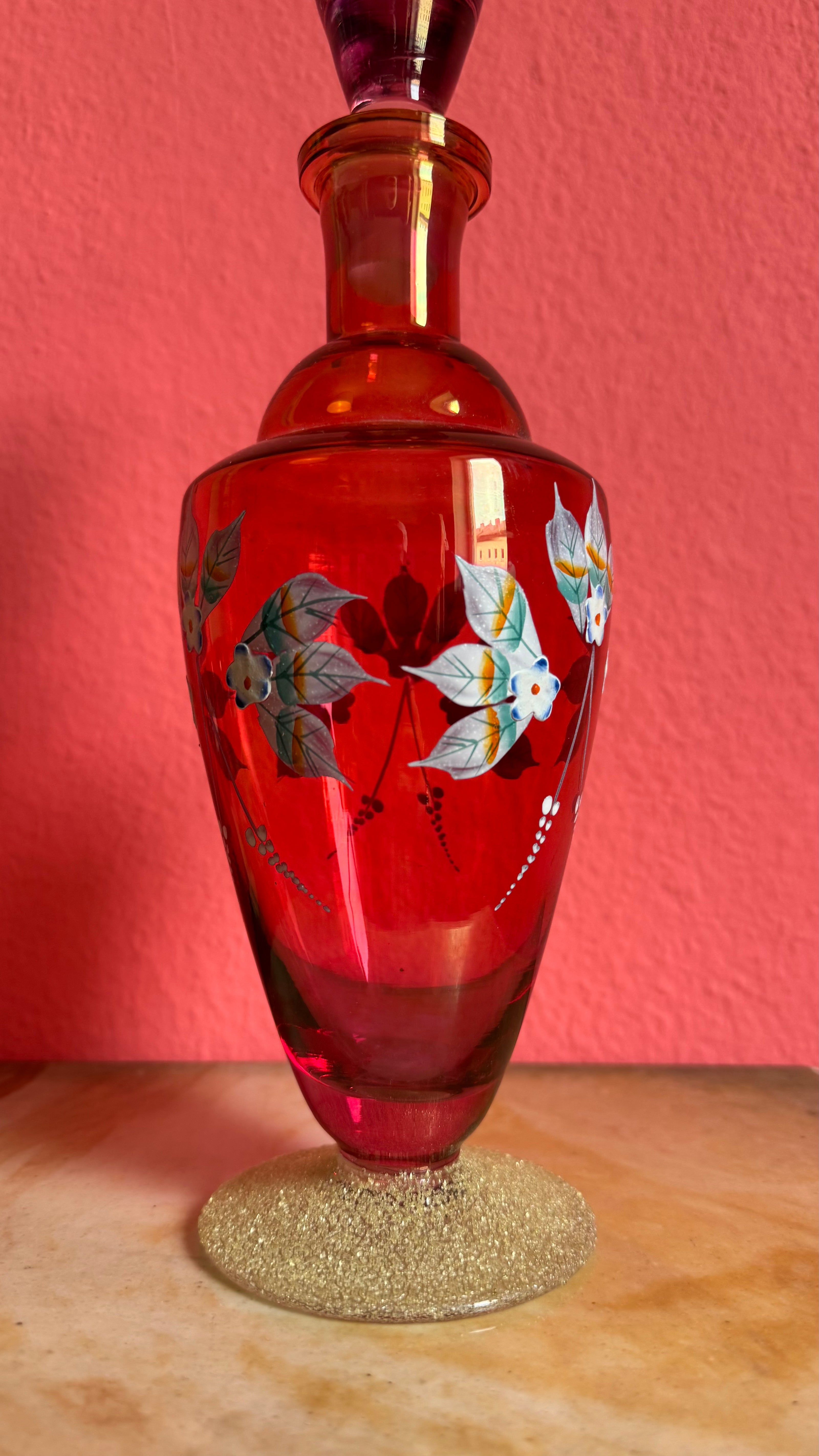 Vintage Mid-Century Ruby Red Hand-Painted Glass Decanter Set