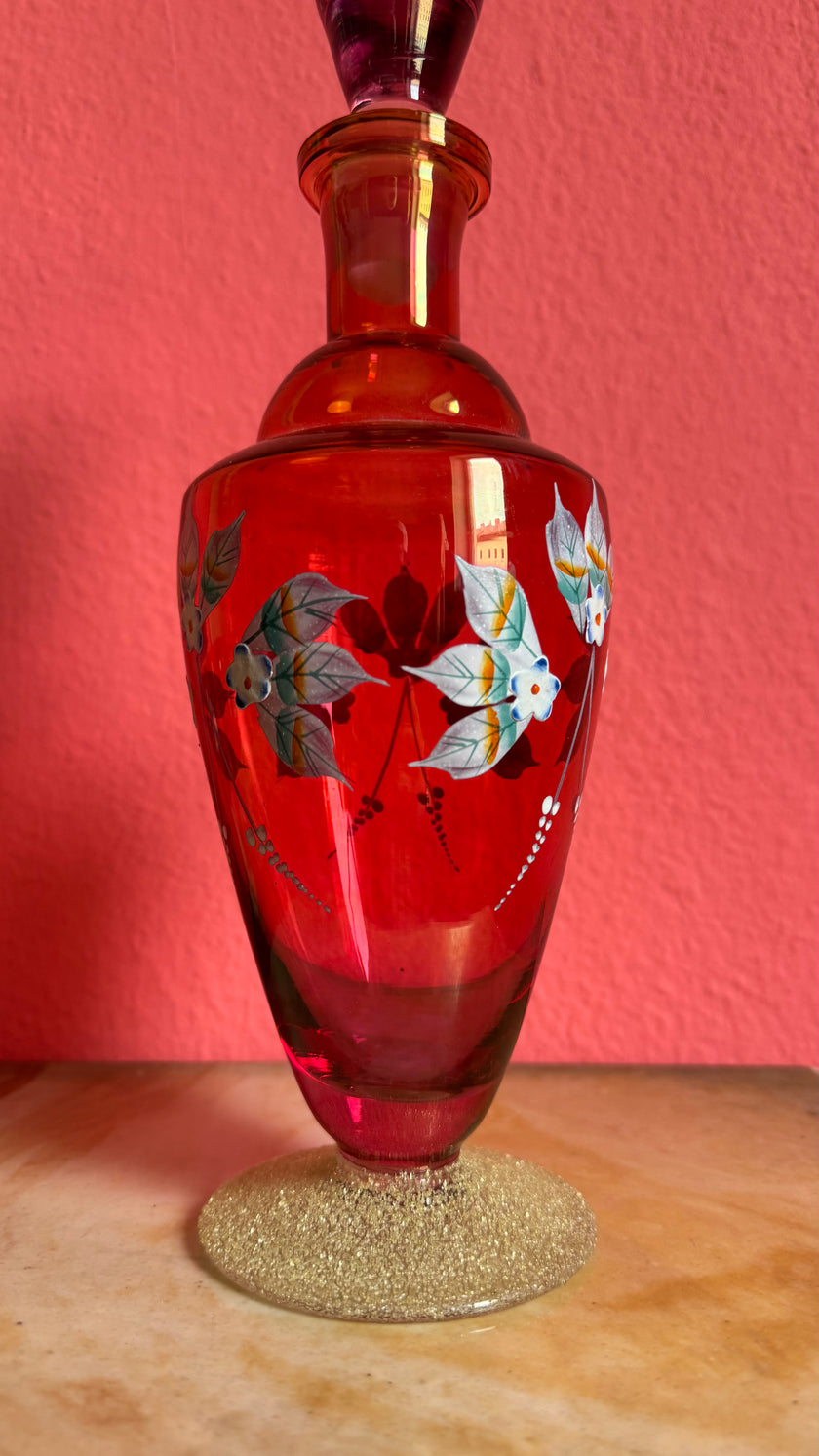 Vintage Mid-Century Ruby Red Hand-Painted Glass Decanter Set