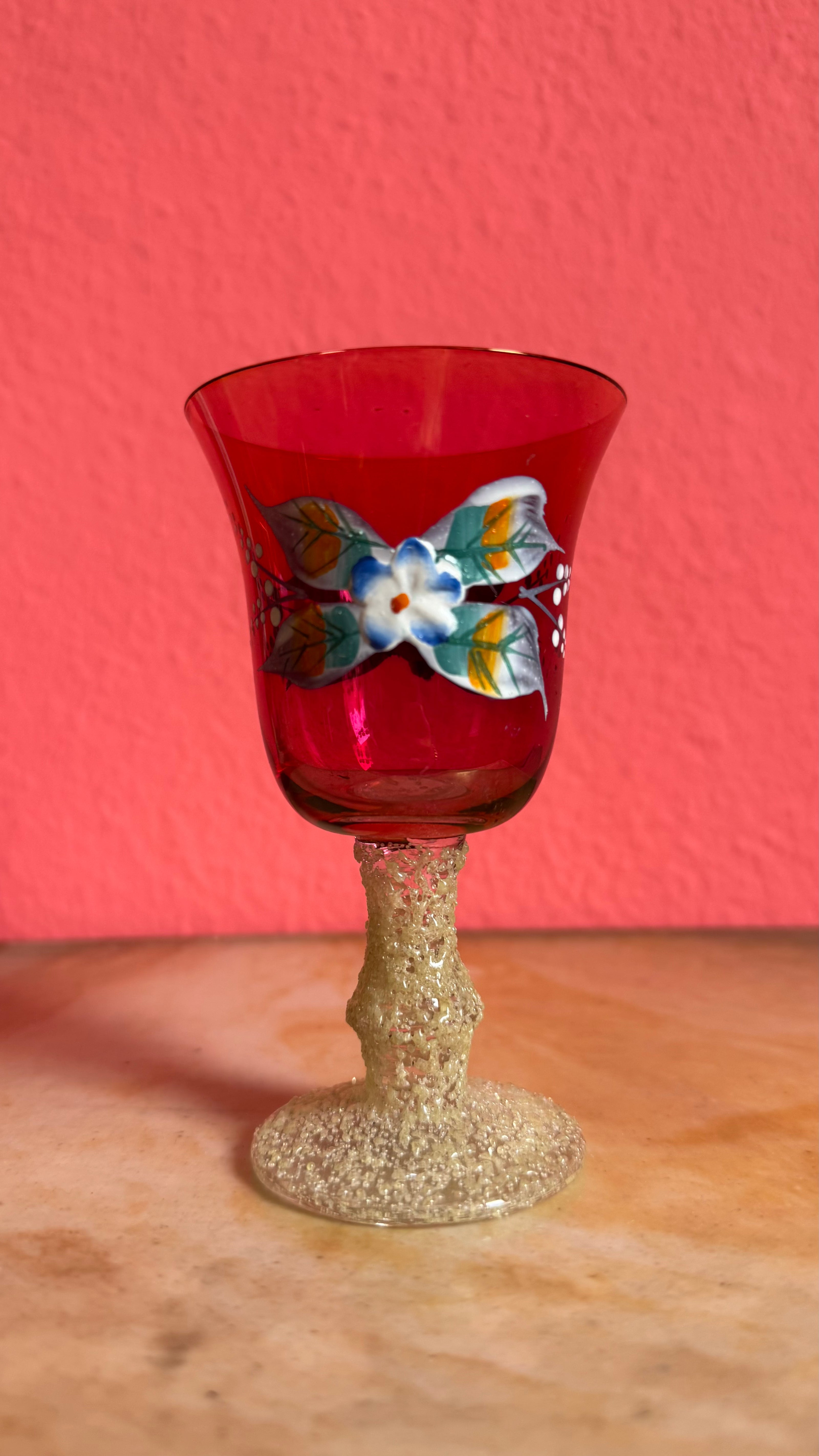 Vintage Mid-Century Ruby Red Hand-Painted Glass Decanter Set