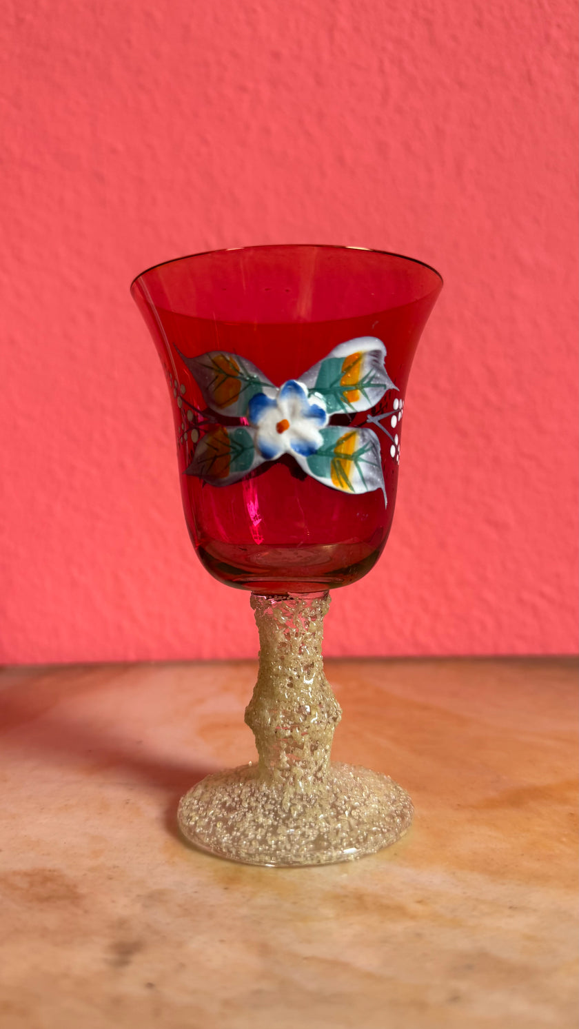 Vintage Mid-Century Ruby Red Hand-Painted Glass Decanter Set