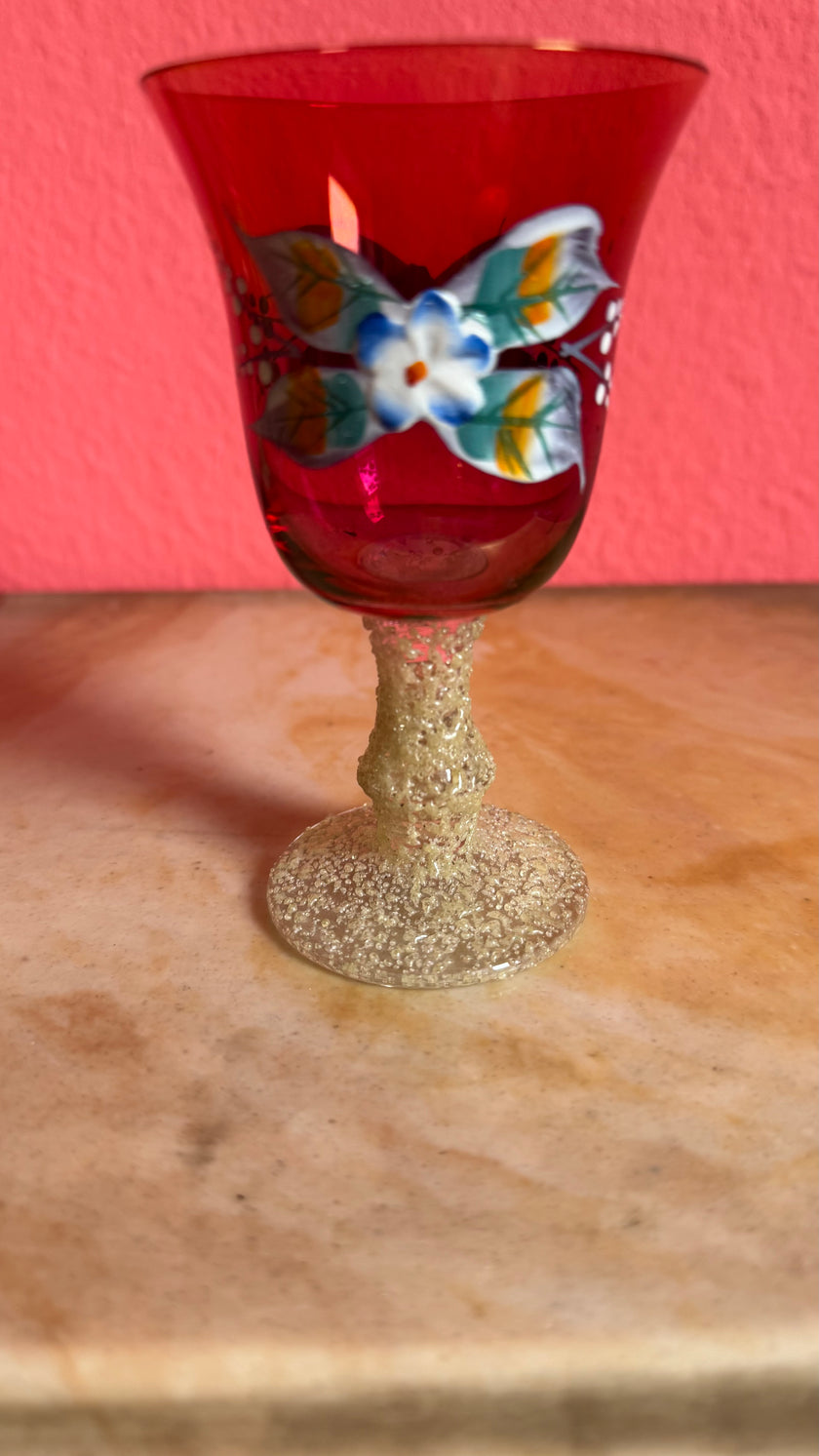 Vintage Mid-Century Ruby Red Hand-Painted Glass Decanter Set