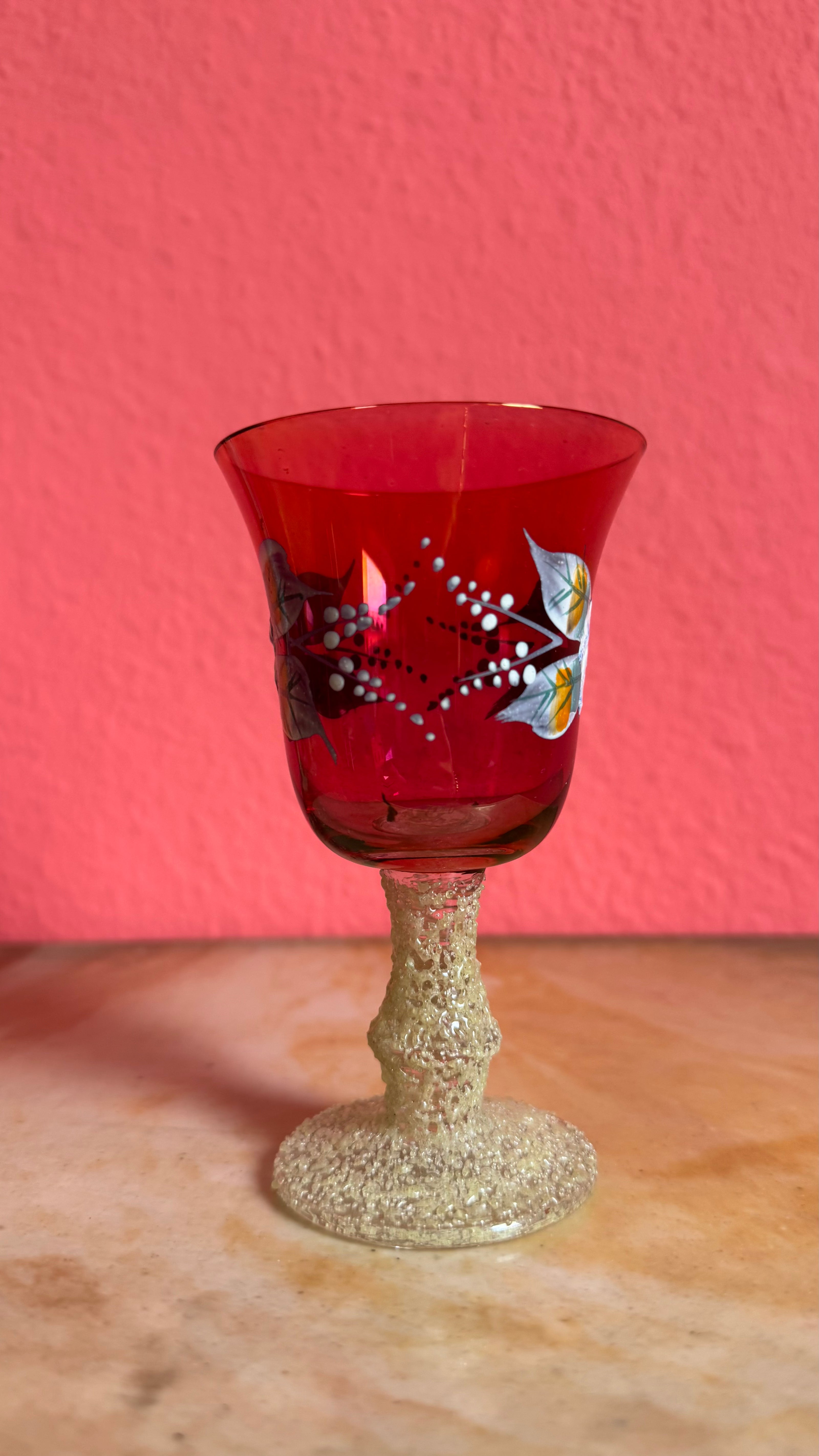 Vintage Mid-Century Ruby Red Hand-Painted Glass Decanter Set