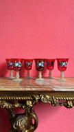 Vintage Mid-Century Ruby Red Hand-Painted Glass Decanter Set