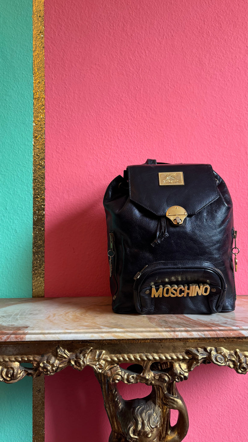 Vintage 1990s Moschino Black Leather Backpack Bag