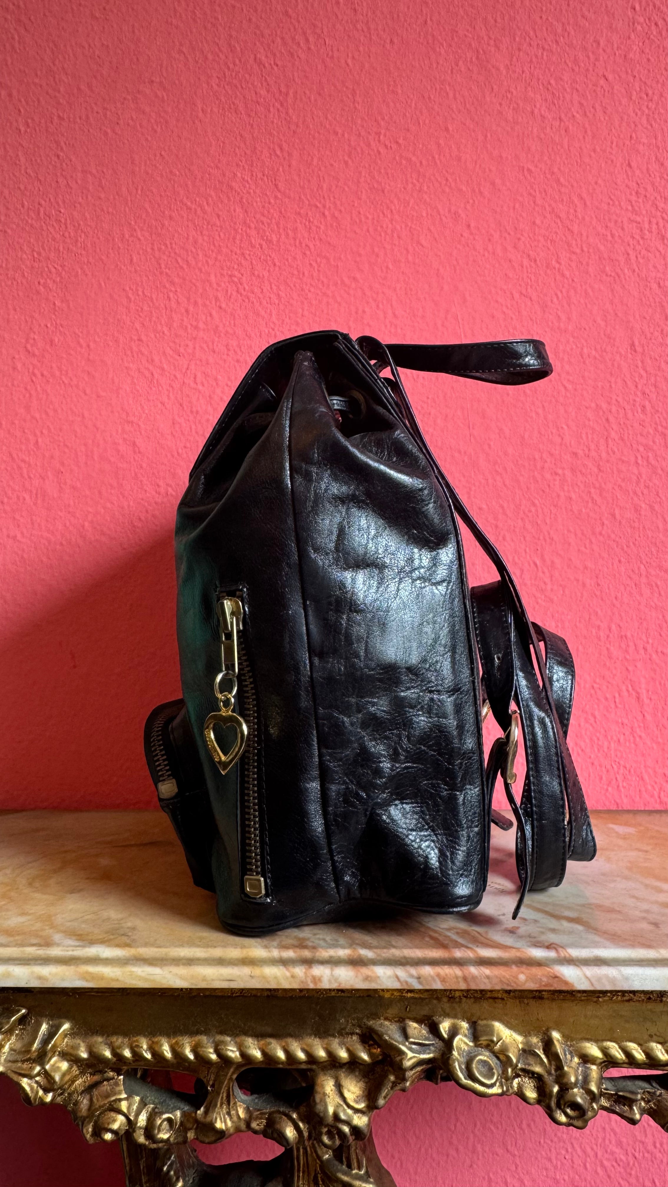 Vintage 1990s Moschino Black Leather Backpack Bag