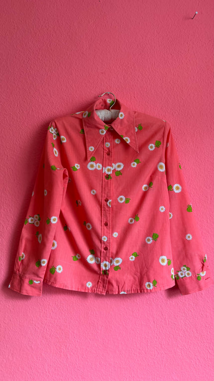 Vintage 1970s Coral Daisy Print Polyester Blouse