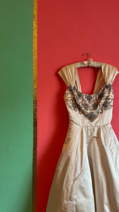 Vintage 1957 Bergdorf Goodman Ivory Beaded Evening Dress
