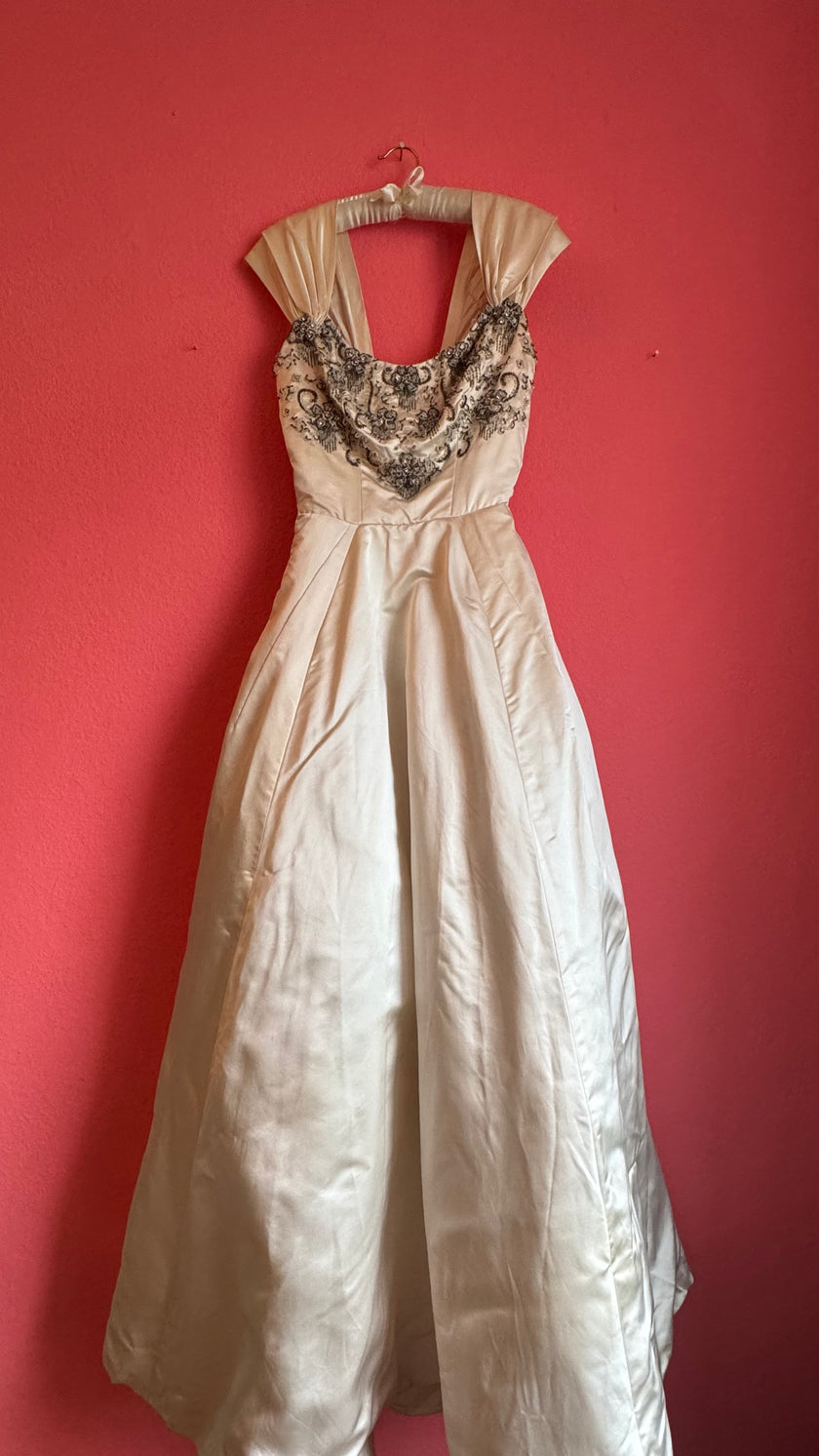 Vintage 1957 Bergdorf Goodman Ivory Beaded Evening Dress