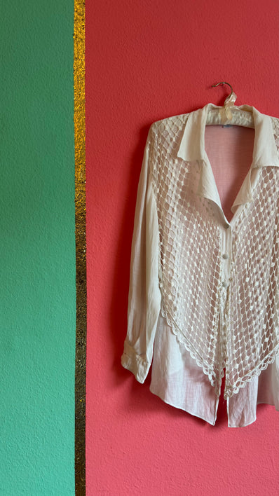 Vintage 1990s Ritmo Di Perla Ivory Crochet Panel Blouse
