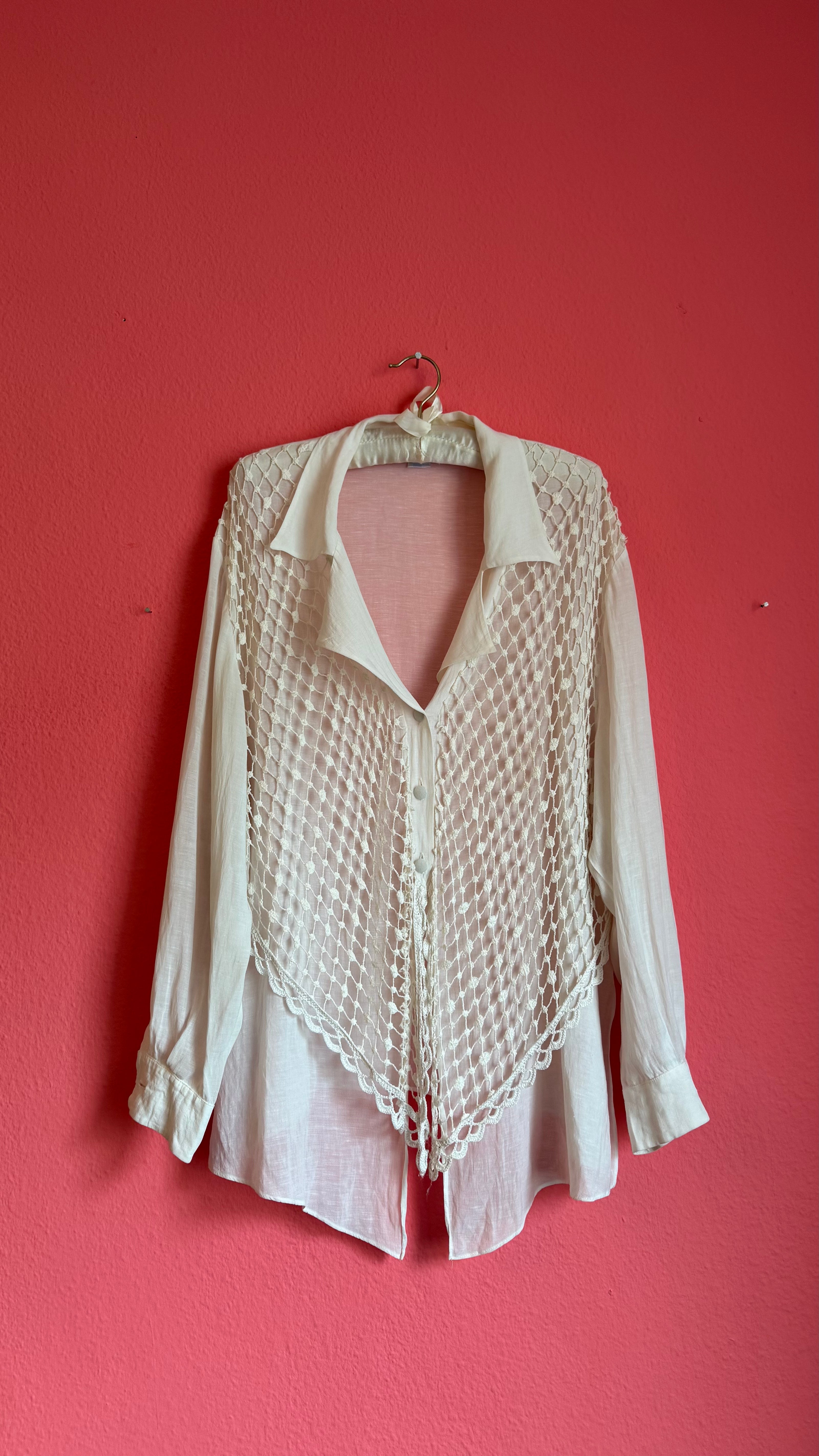 Vintage 1990s Ritmo Di Perla Ivory Crochet Panel Blouse