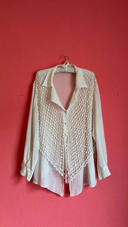 Vintage 1990s Ritmo Di Perla Ivory Crochet Panel Blouse