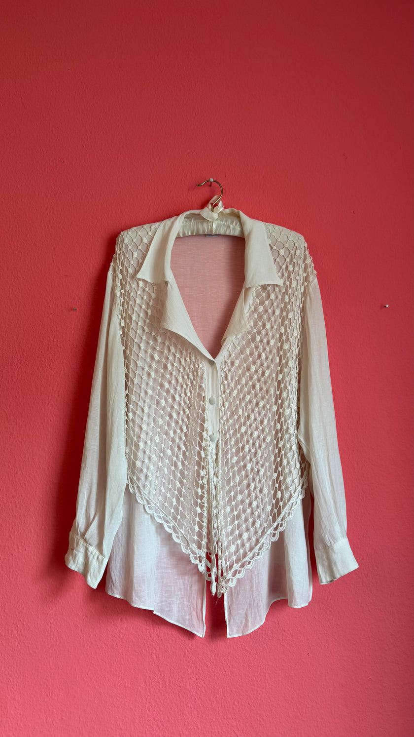 Vintage 1990s Ritmo Di Perla Ivory Crochet Panel Blouse