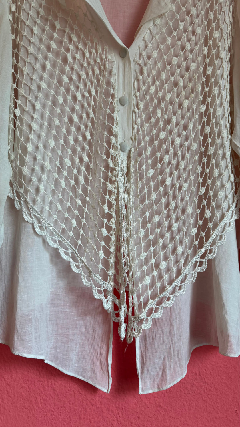 Vintage 1990s Ritmo Di Perla Ivory Crochet Panel Blouse