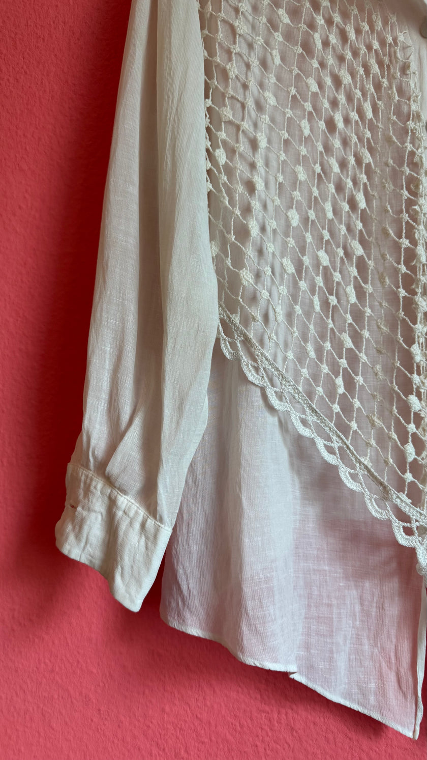 Vintage 1990s Ritmo Di Perla Ivory Crochet Panel Blouse