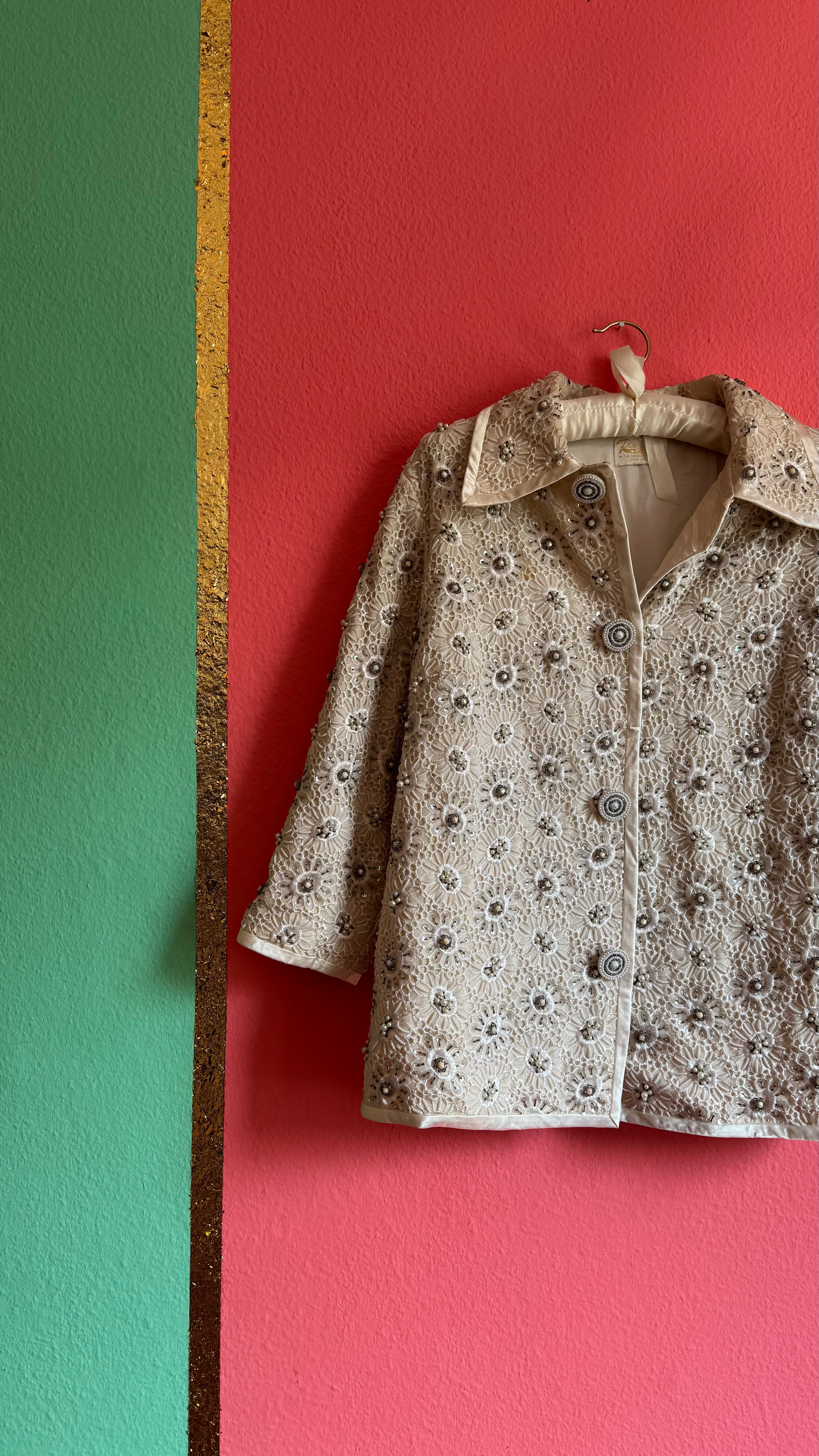 Vintage 1960s Regalia Imports Ivory Beaded Lace Jacket