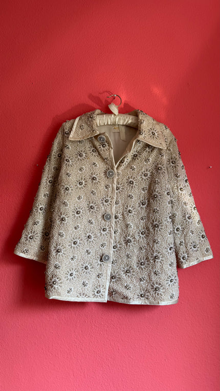 Vintage 1960s Regalia Imports Ivory Beaded Lace Jacket