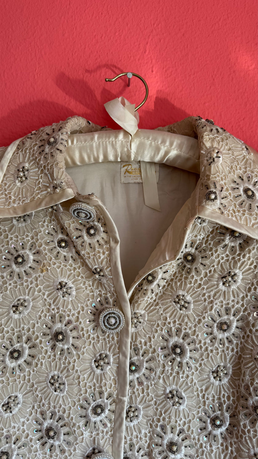Vintage 1960s Regalia Imports Ivory Beaded Lace Jacket
