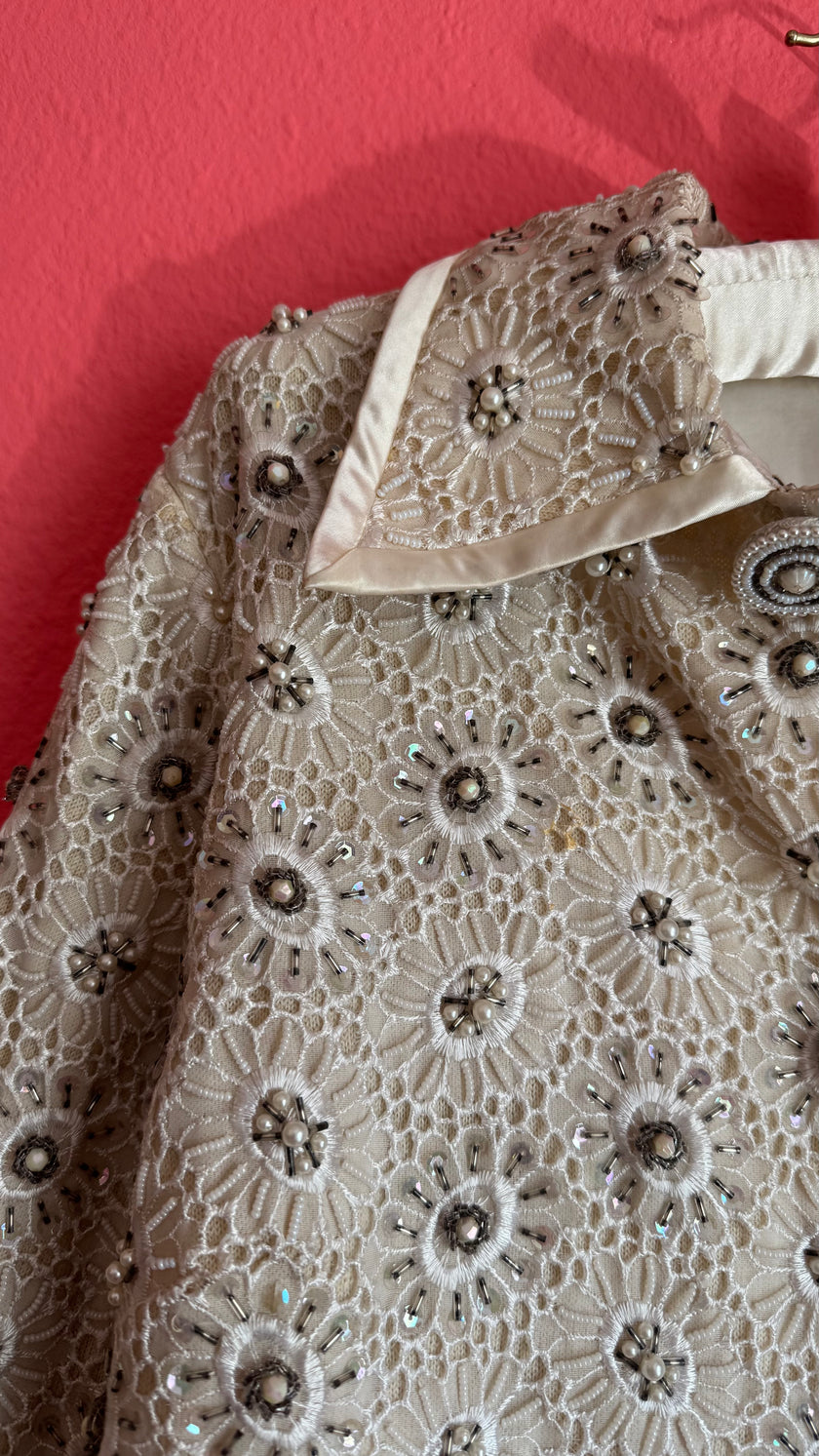 Vintage 1960s Regalia Imports Ivory Beaded Lace Jacket
