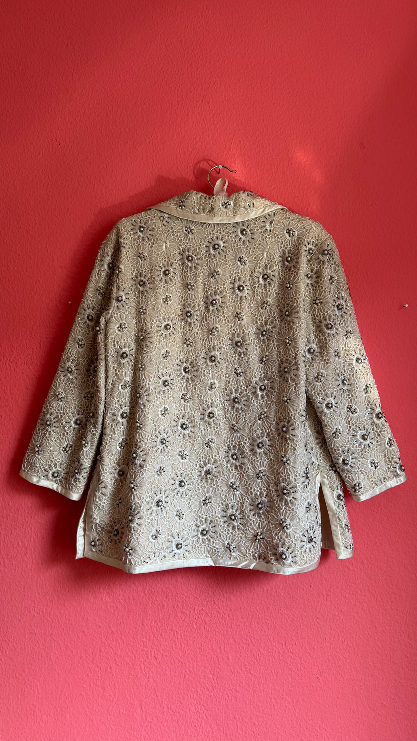 Vintage 1960s Regalia Imports Ivory Beaded Lace Jacket