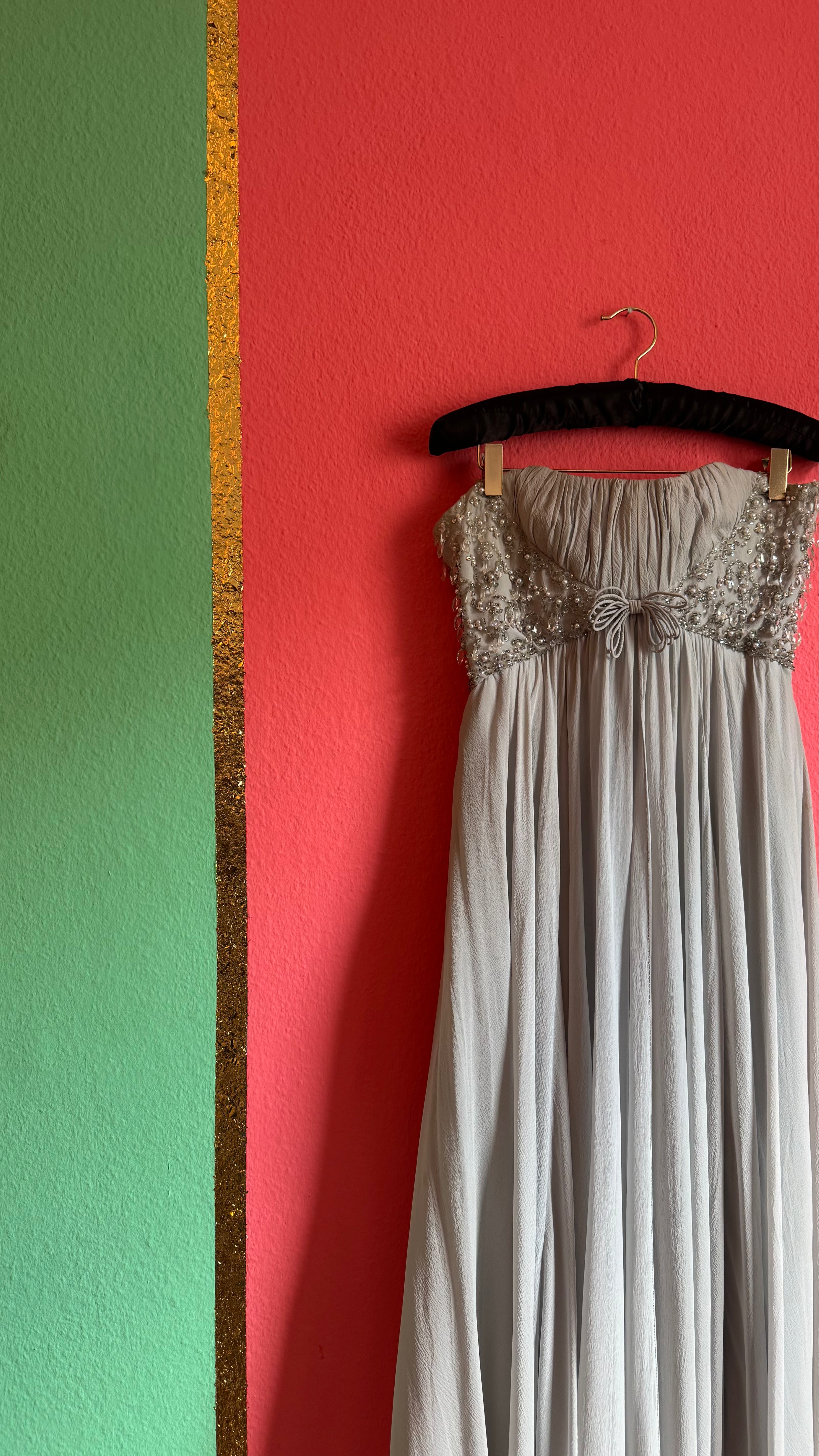 Vintage 1970s Grey Crepe De Chine Beaded Evening Dress