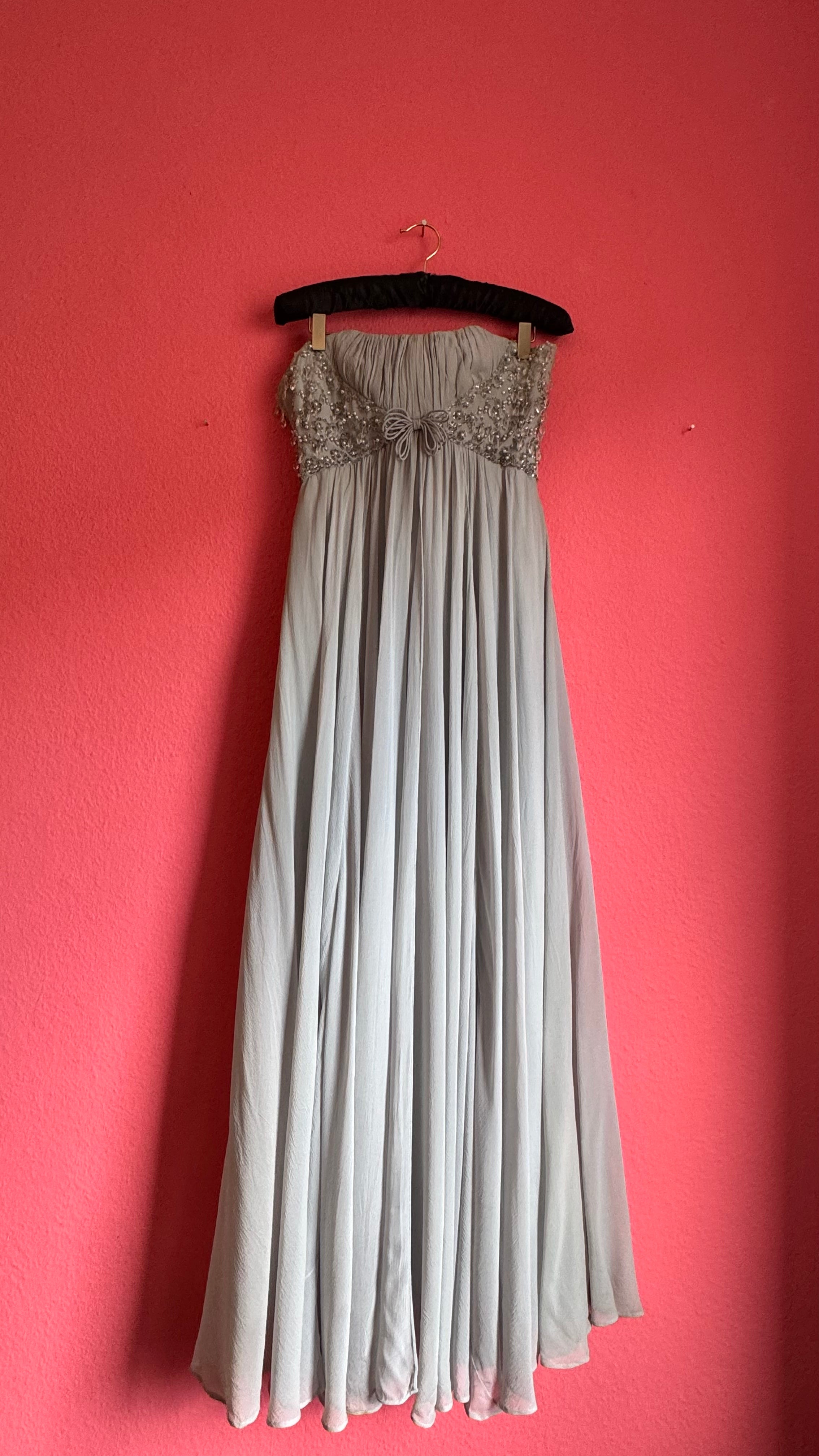 Vintage 1970s Grey Crepe De Chine Beaded Evening Dress