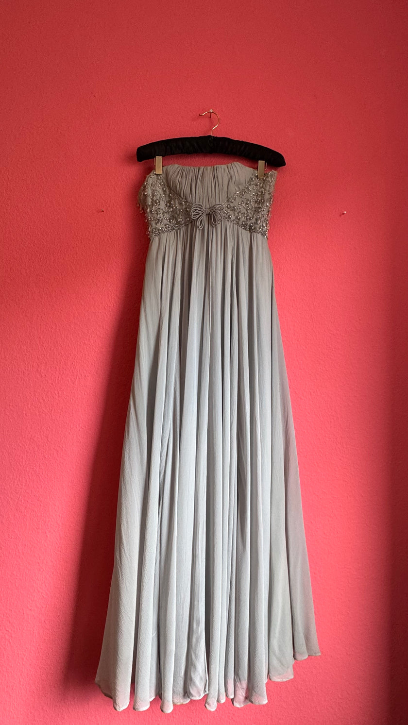 Vintage 1970s Grey Crepe De Chine Beaded Evening Dress