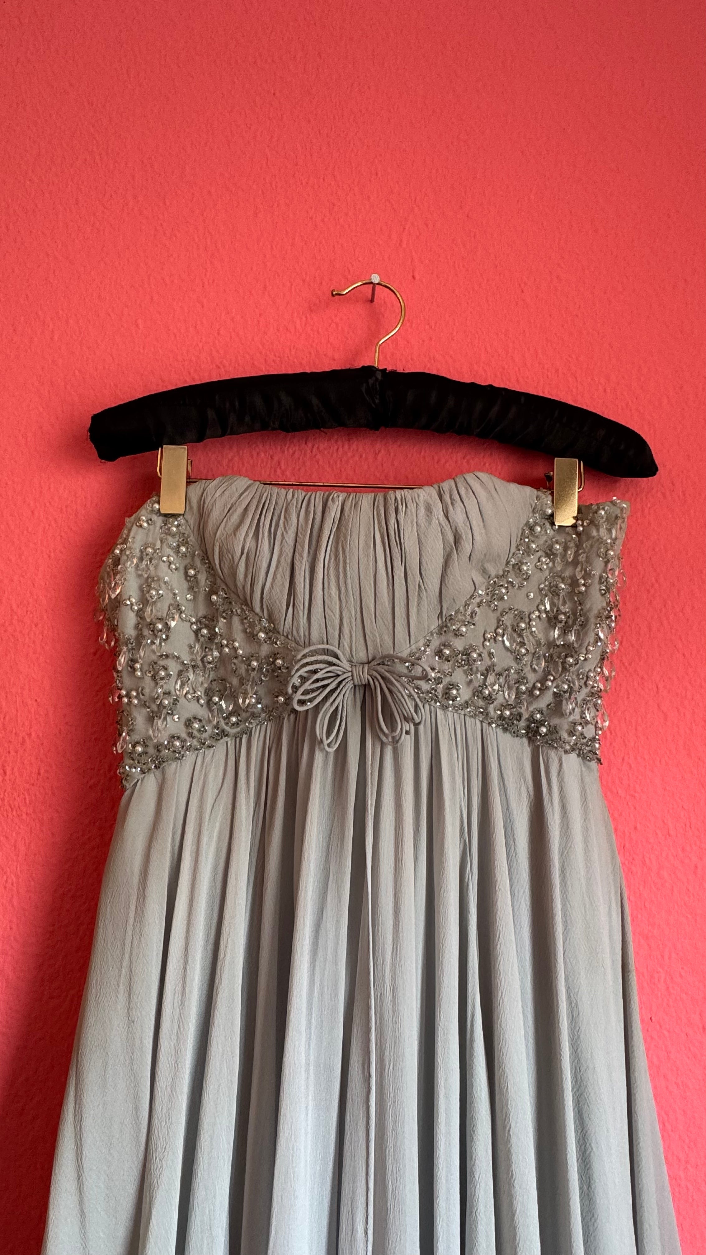 Vintage 1970s Grey Crepe De Chine Beaded Evening Dress