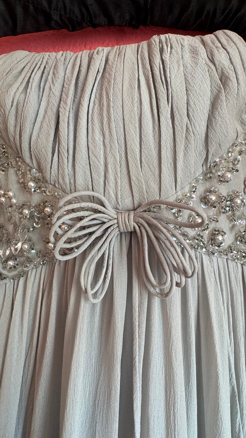 Vintage 1970s Grey Crepe De Chine Beaded Evening Dress