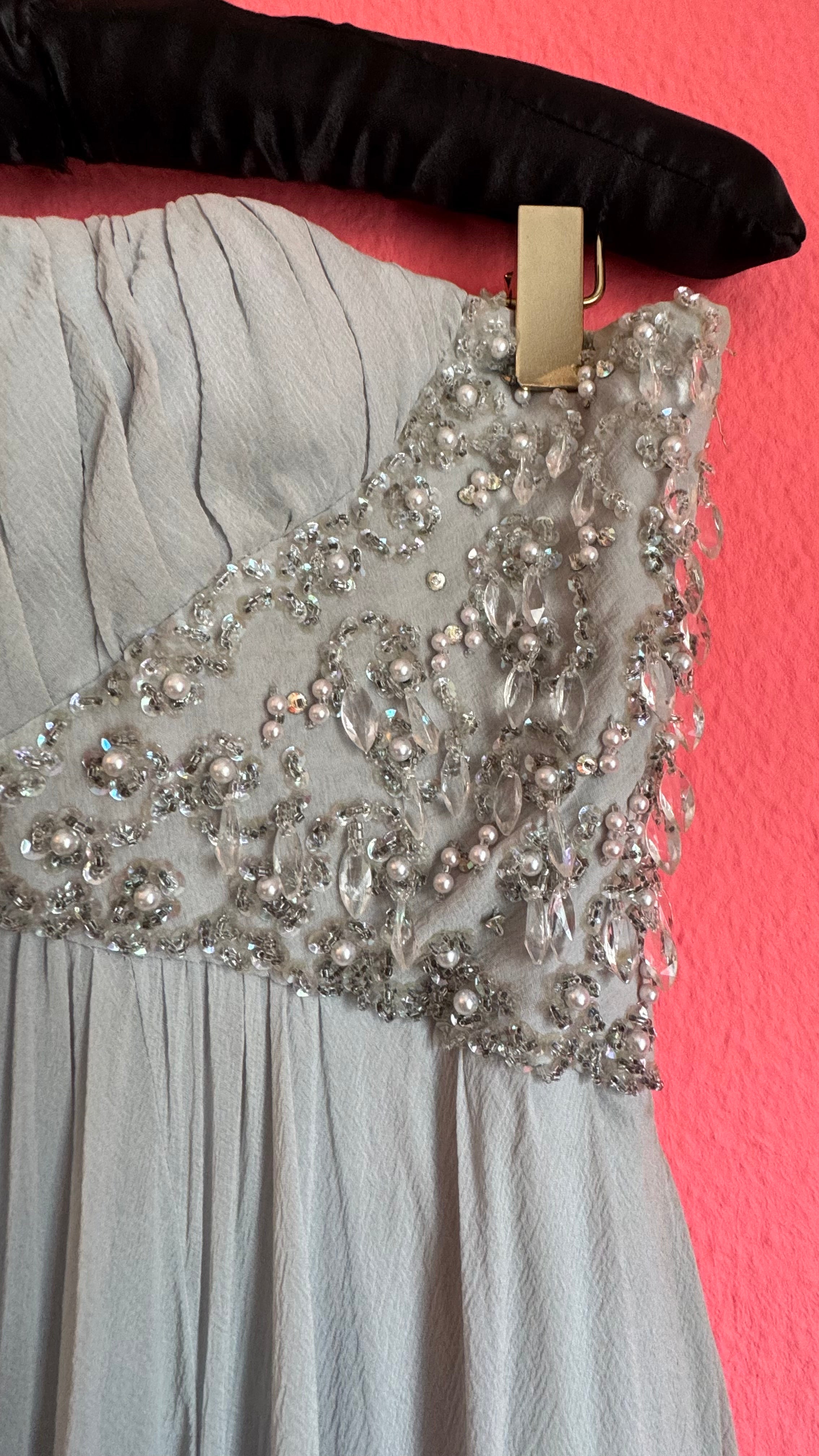 Vintage 1970s Grey Crepe De Chine Beaded Evening Dress