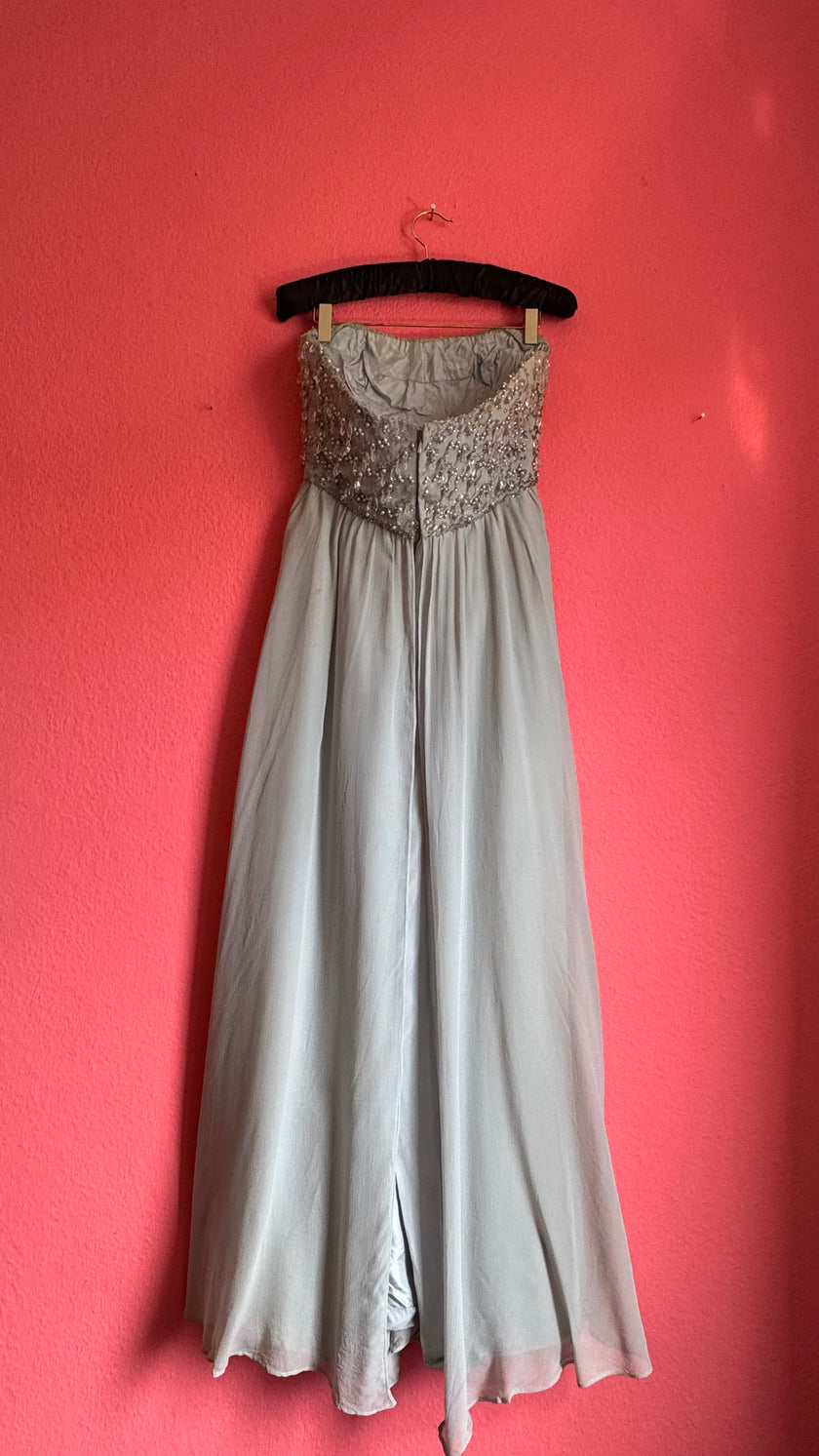 Vintage 1970s Grey Crepe De Chine Beaded Evening Dress