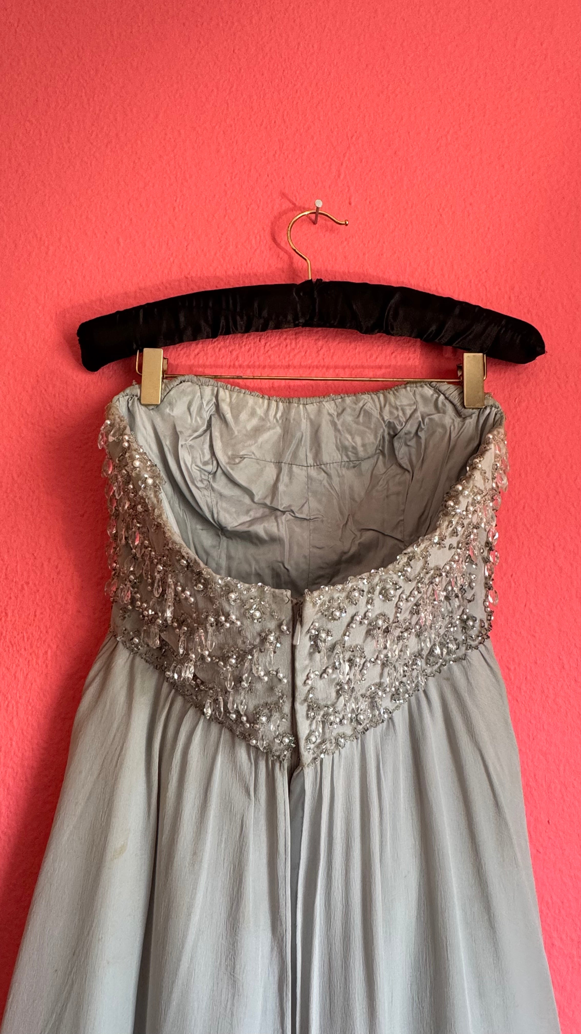 Vintage 1970s Grey Crepe De Chine Beaded Evening Dress