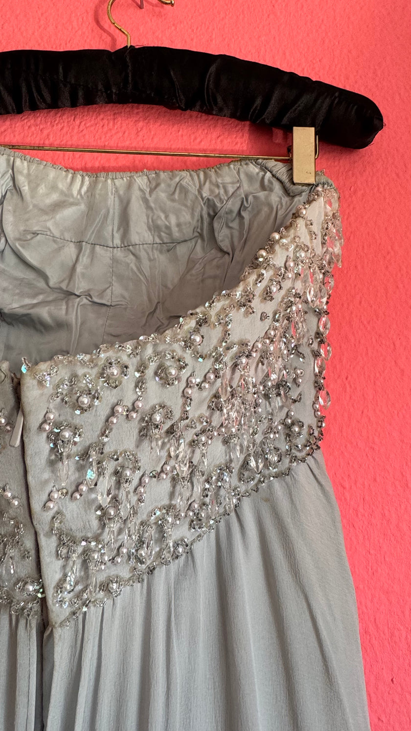 Vintage 1970s Grey Crepe De Chine Beaded Evening Dress