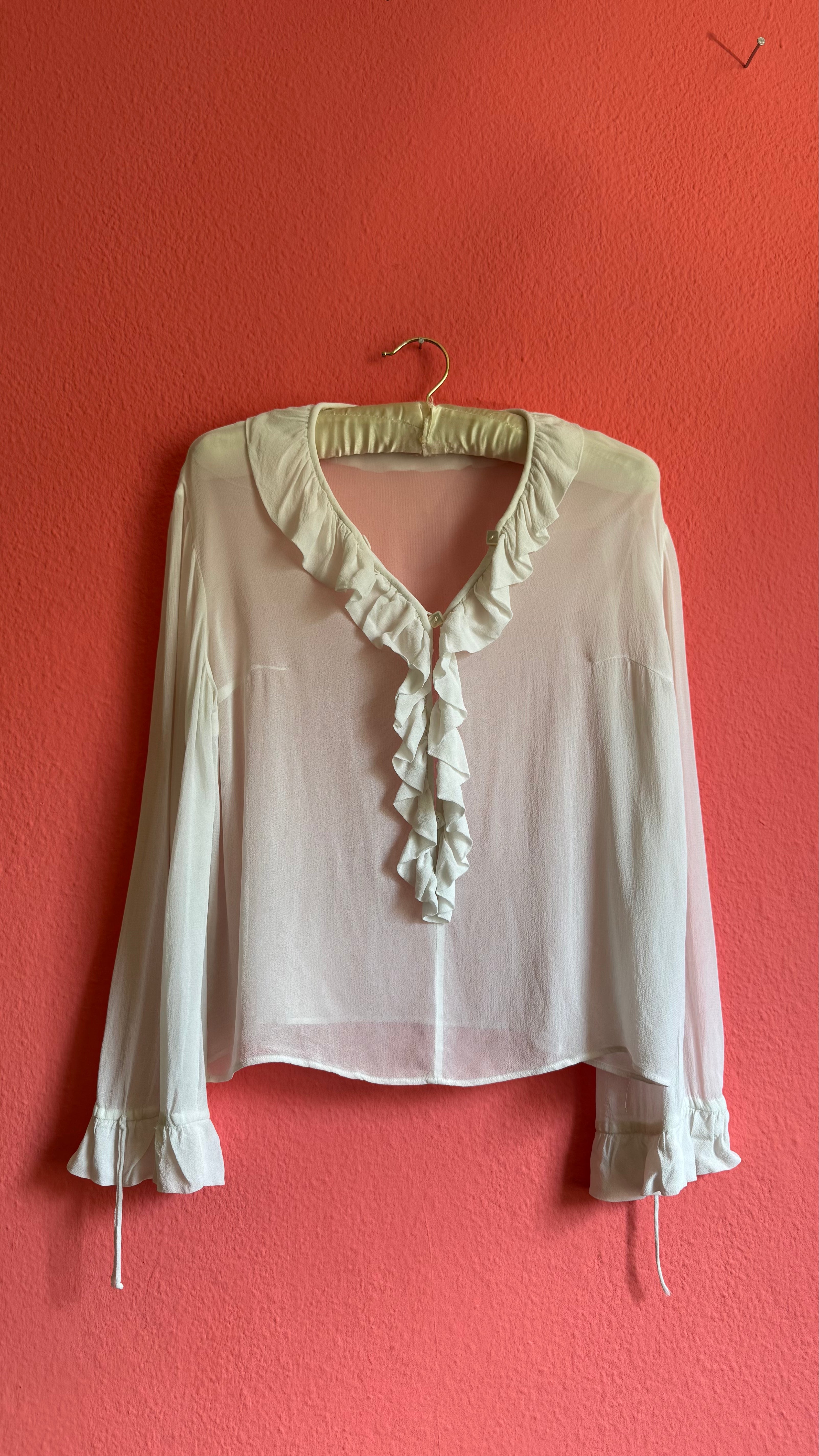 Vintage 1970s Ivory Sheer Ruffle Blouse