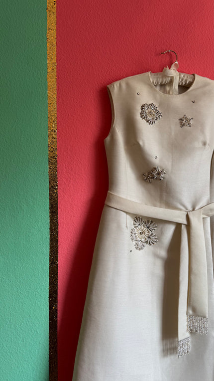 Vintage 1960s Ivory Beaded Belted Evening Dress