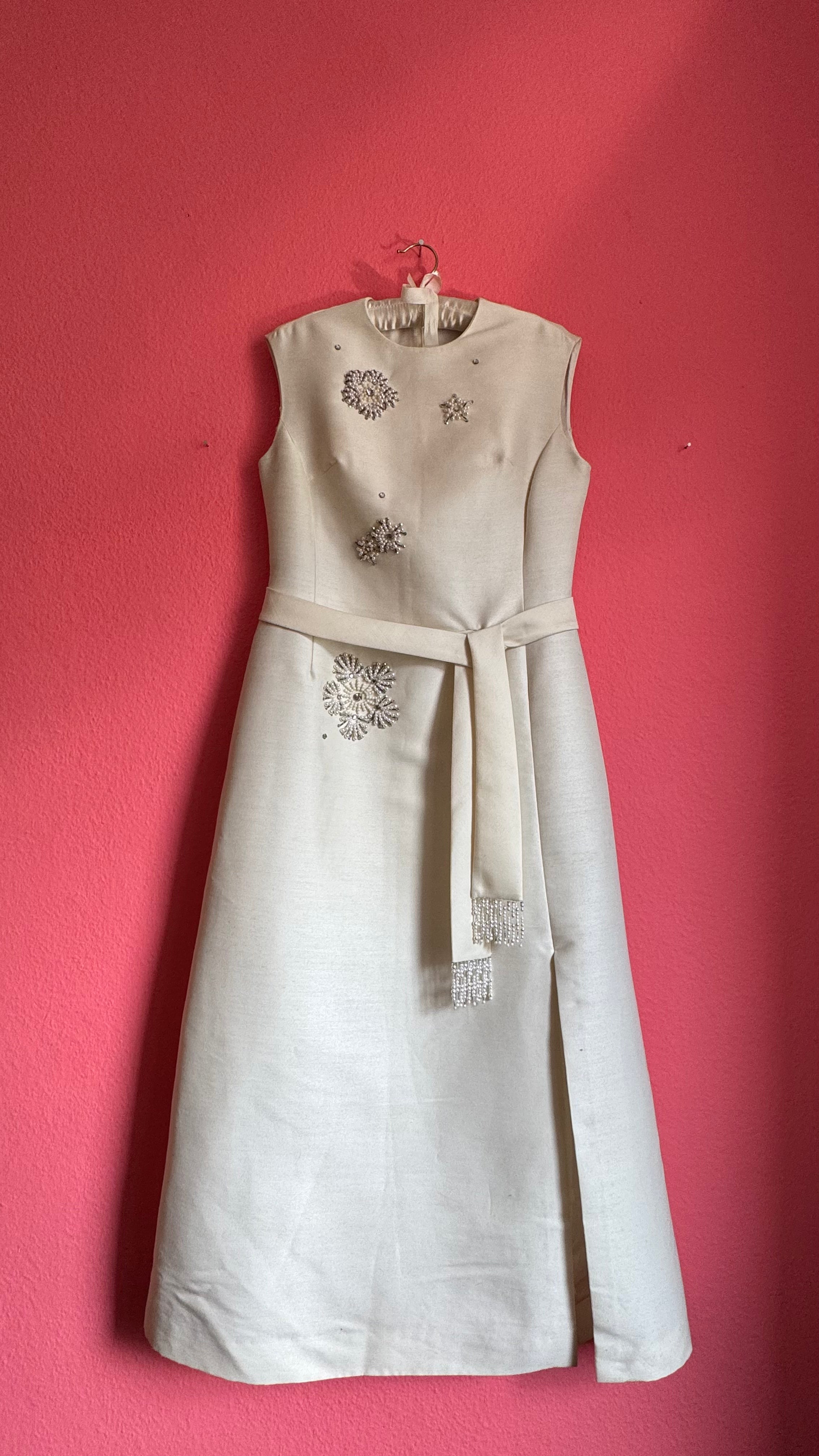 Vintage 1960s Ivory Beaded Belted Evening Dress