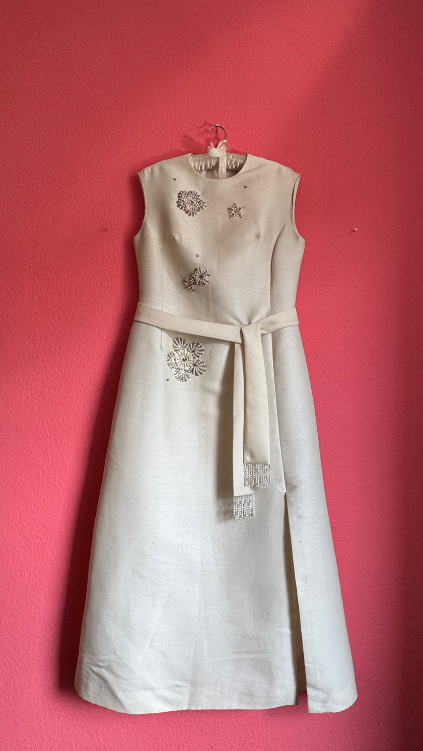 Vintage 1960s Ivory Beaded Belted Evening Dress