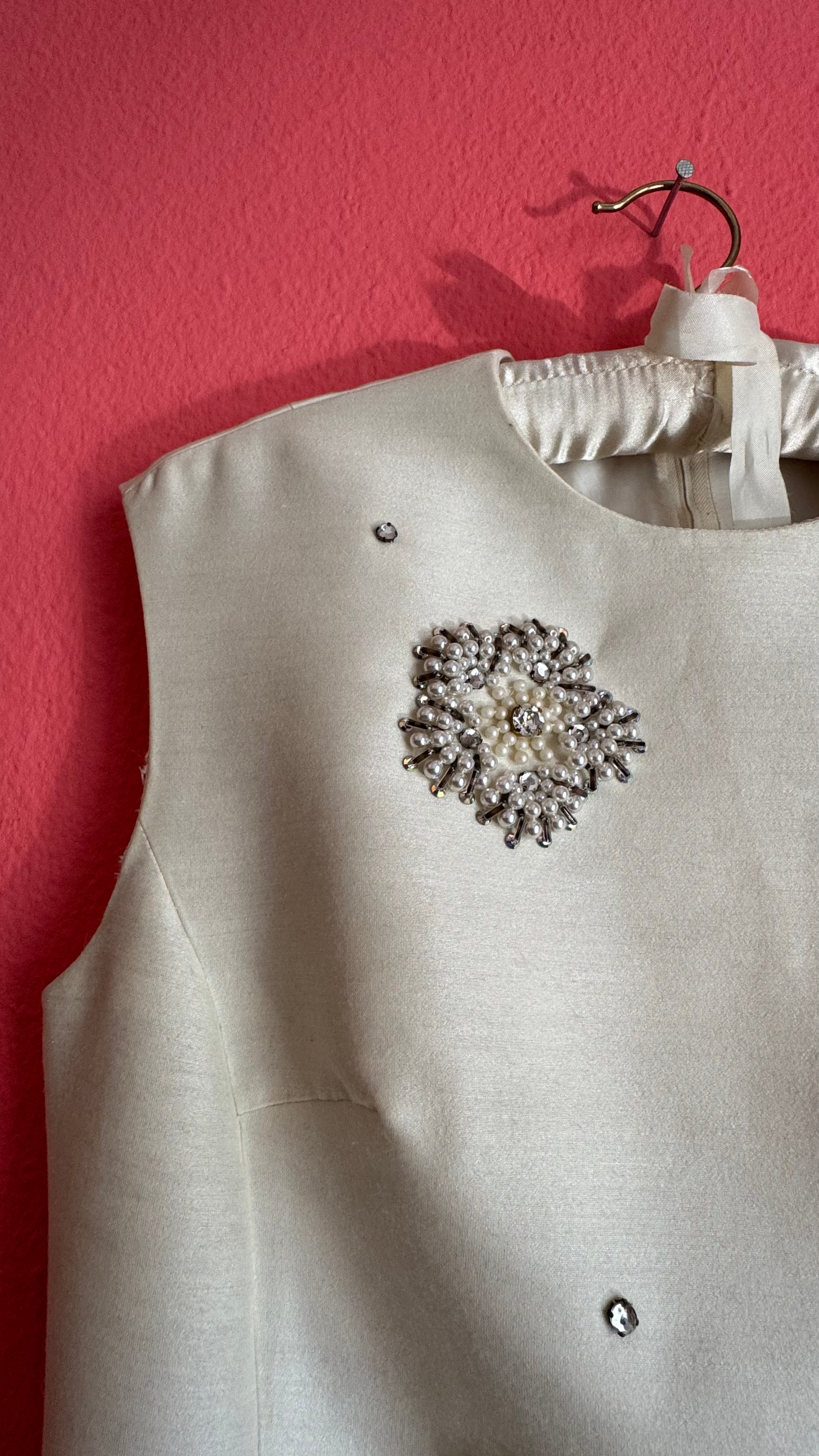 Vintage 1960s Ivory Beaded Belted Evening Dress