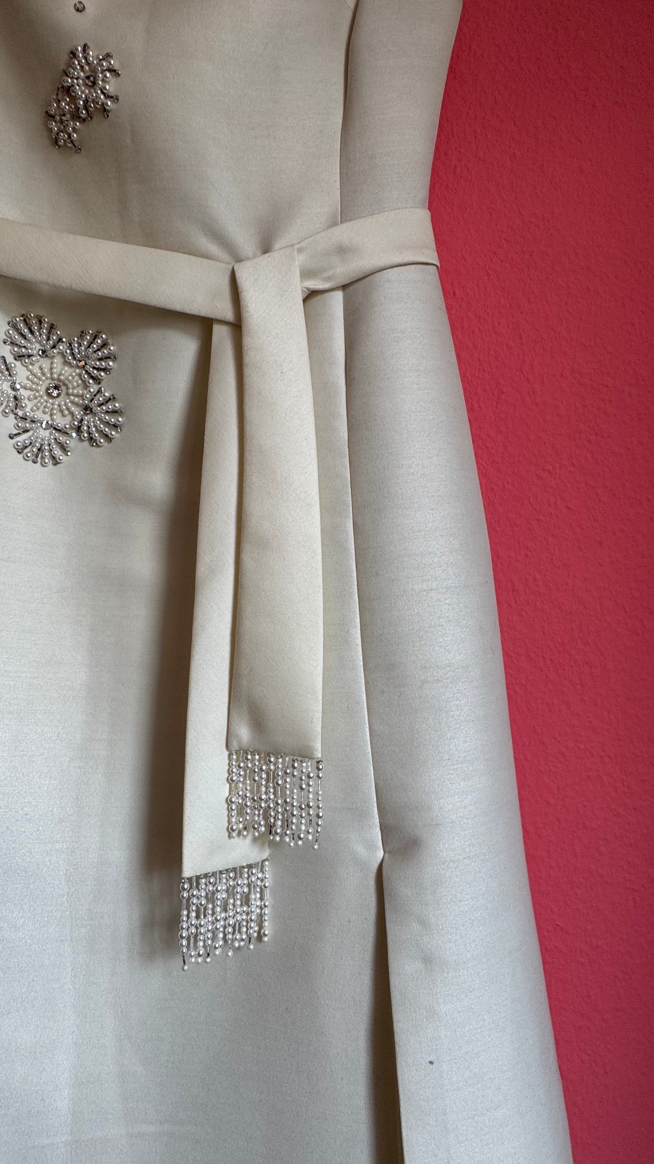 Vintage 1960s Ivory Beaded Belted Evening Dress