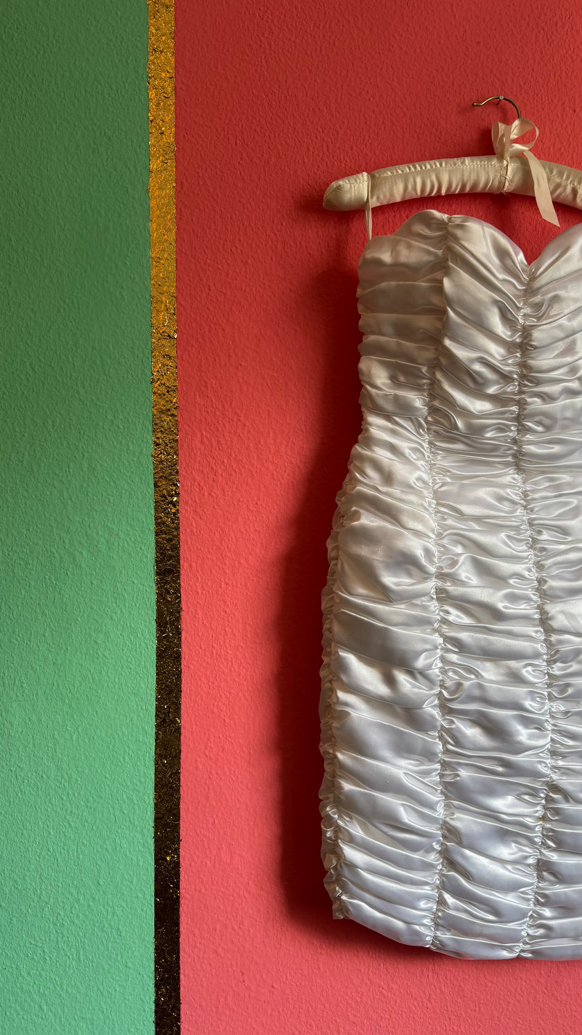 Vintage 1980s Ivory Ruched Satin Bodycon Dress